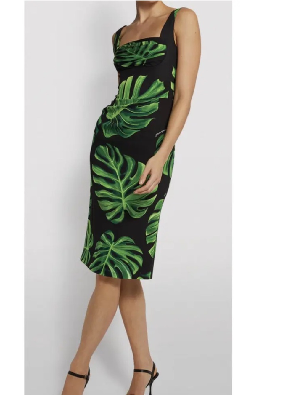 Dolce & Gabbana Black Dress with Green Tropical Leaf Print
